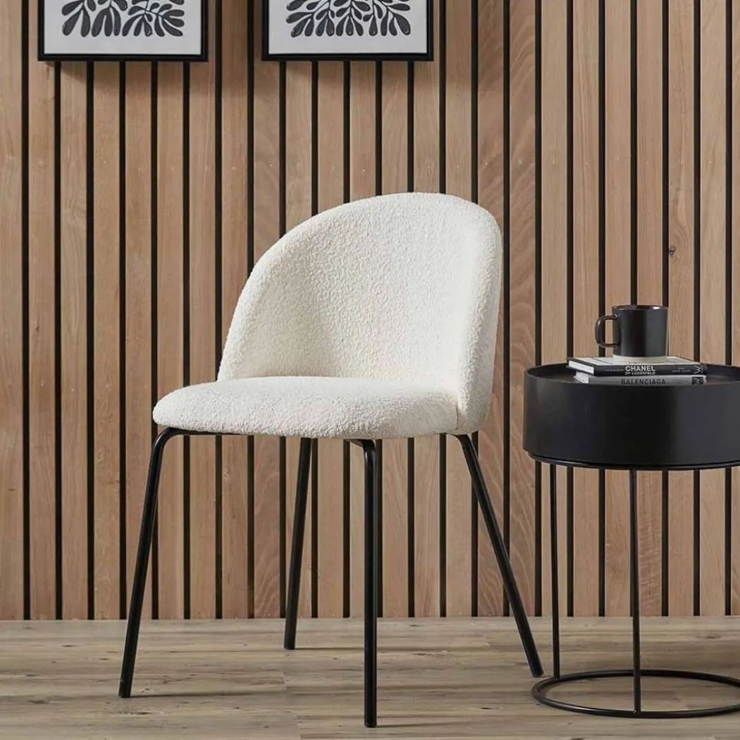 Turi White Bouclé Fabric and Black Metal Dining Chair