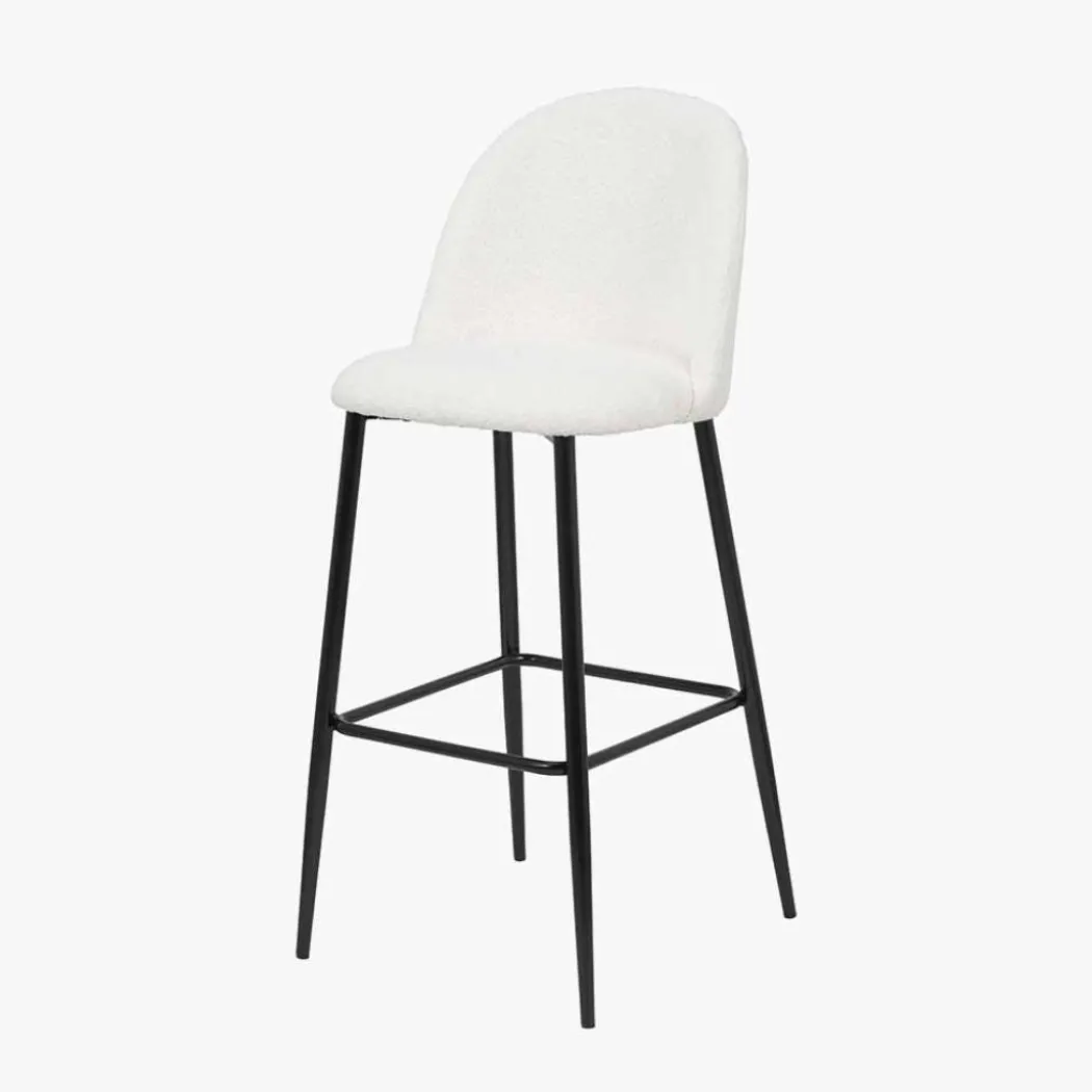 Turi White Bouclé Fabric and Black Metal Bar Stool