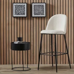 Turi White Bouclé Fabric and Black Metal Bar Stool