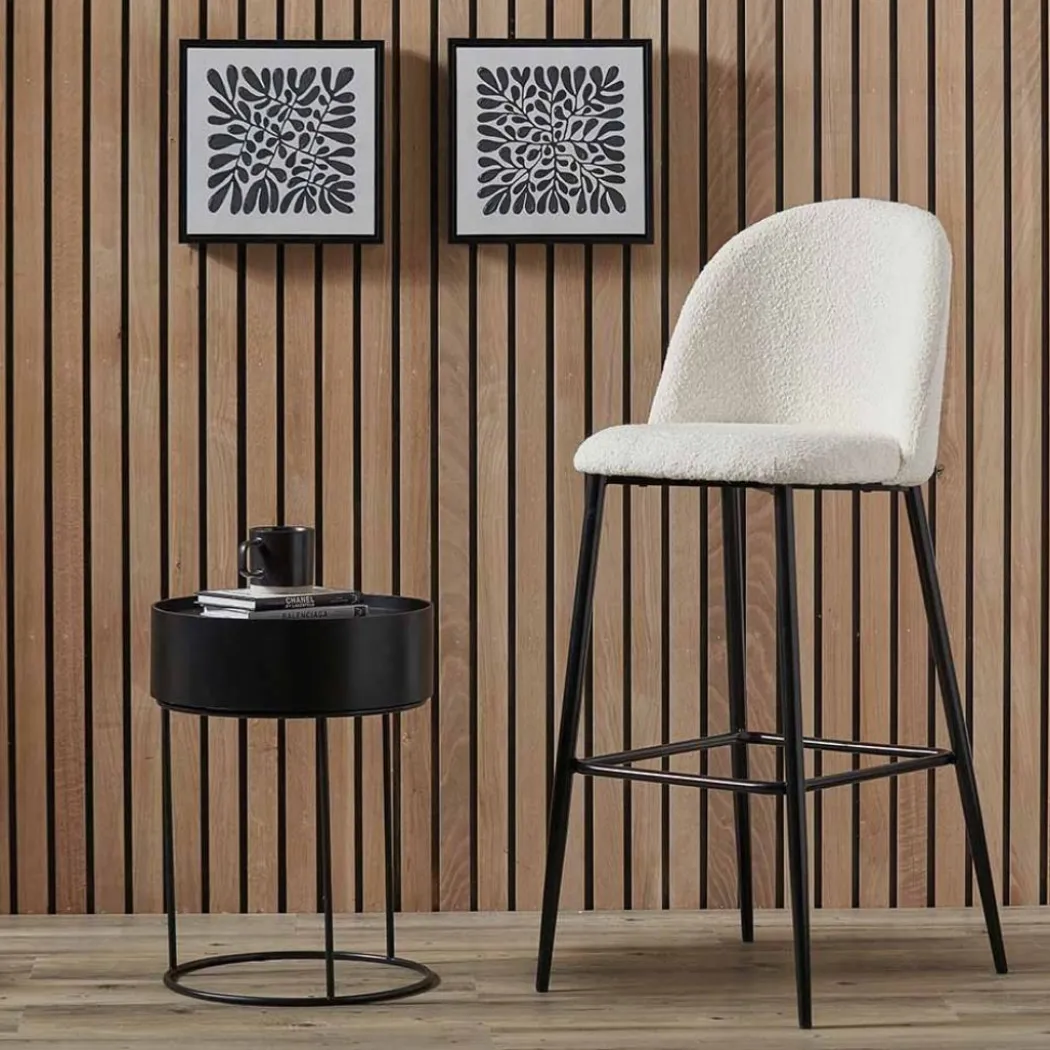 Turi White Bouclé Fabric and Black Metal Bar Stool