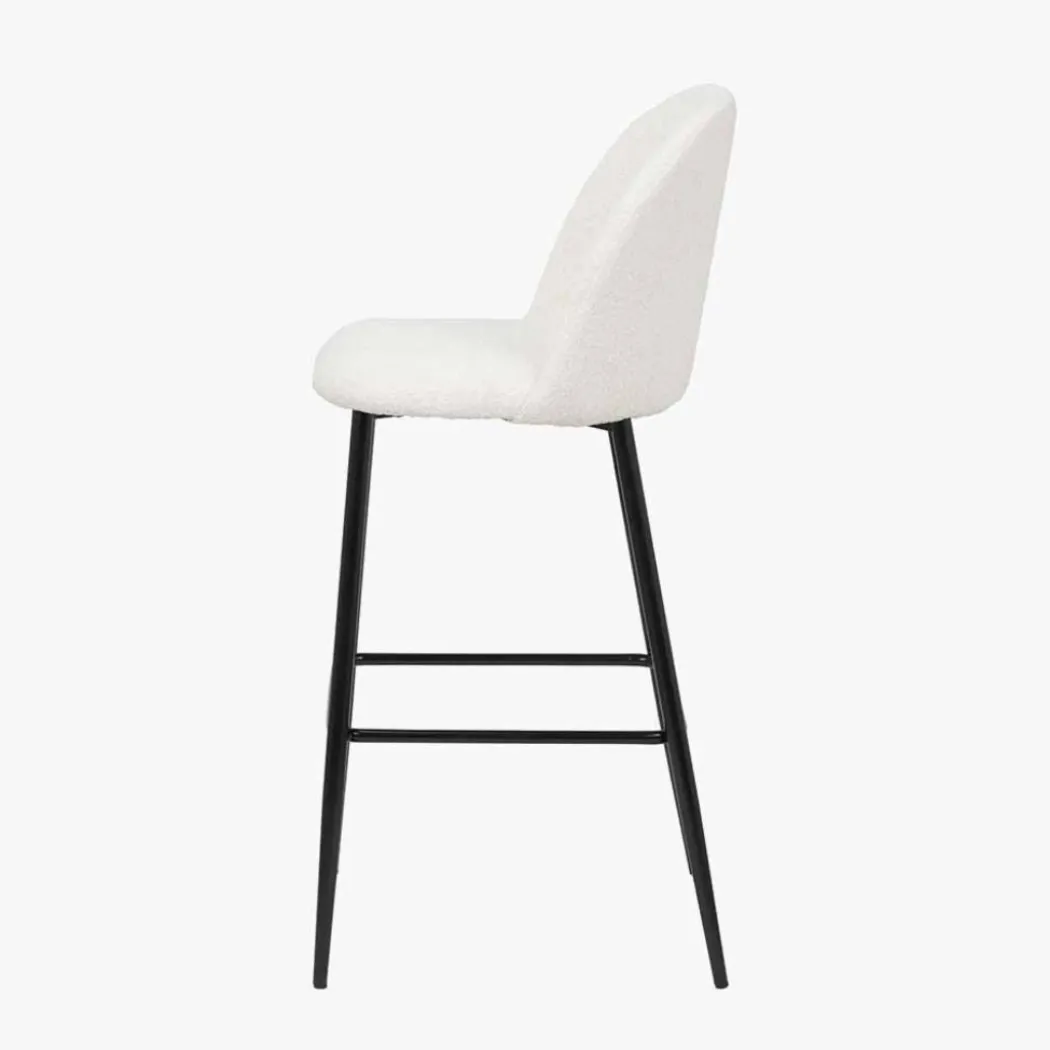 Turi White Bouclé Fabric and Black Metal Bar Stool