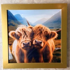 Twin Baby Highland Cows Artwork with Gold Frame