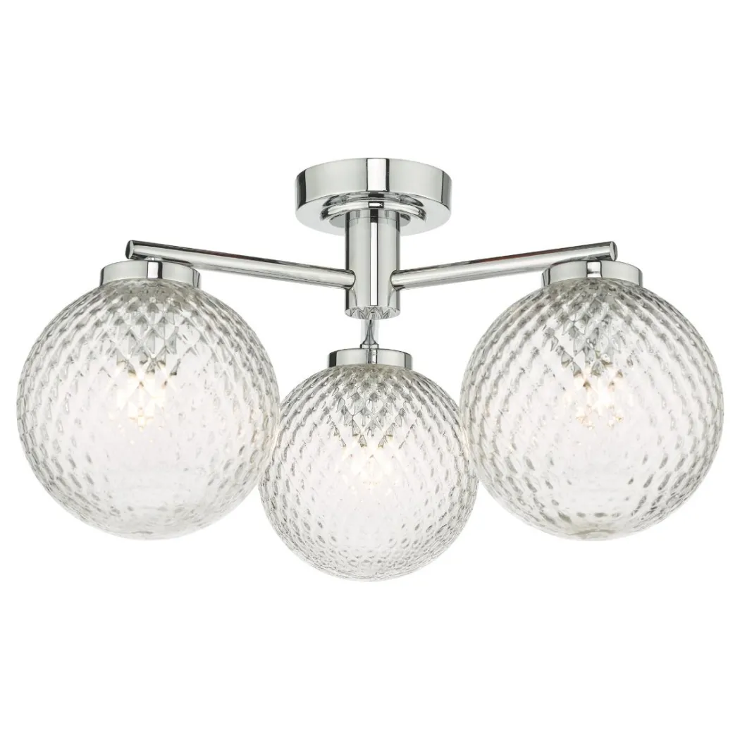 Wayne IP44 3 Light Semi Flush Polished Chrome Glass Ceiling Light