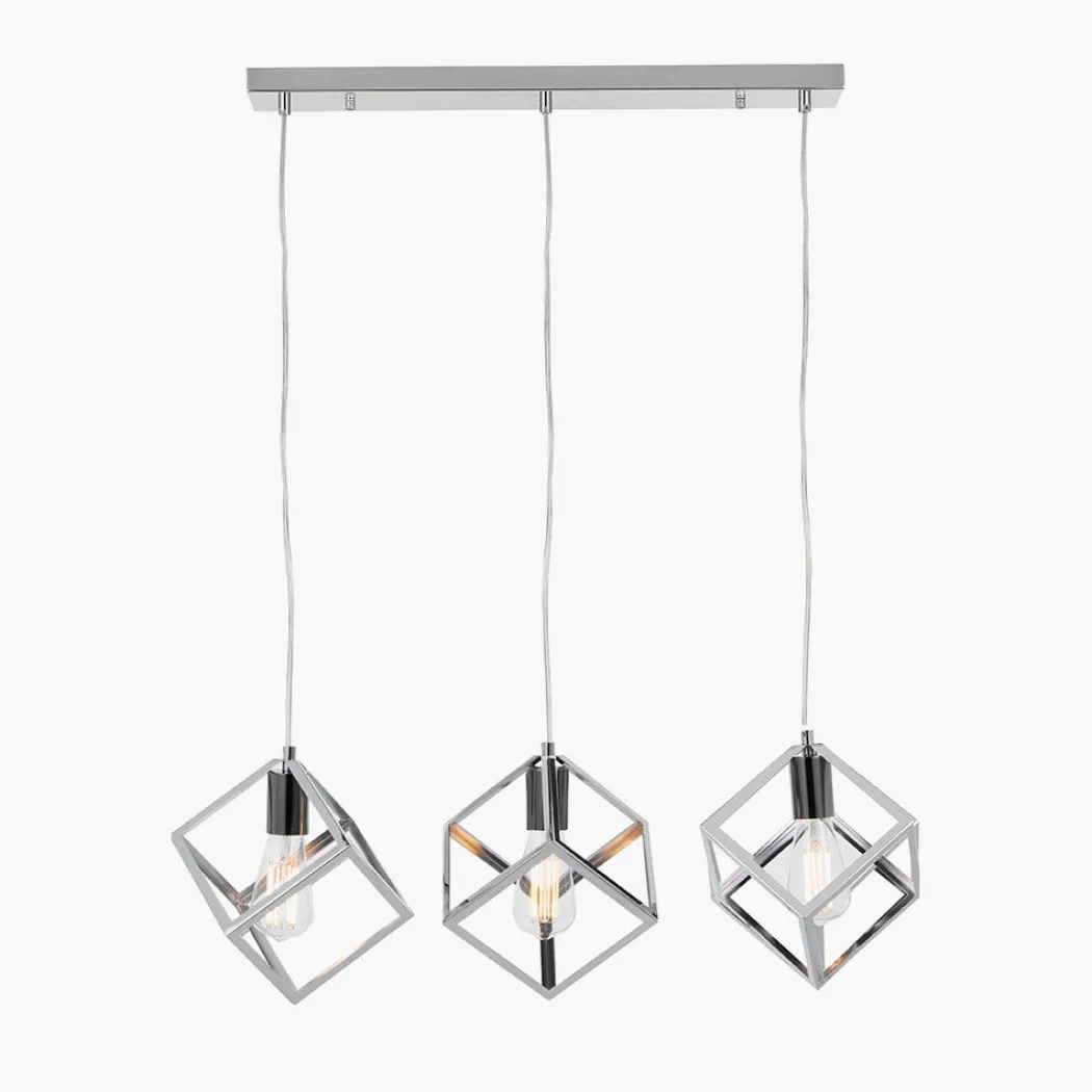 Alessio Nickel Metal Three Cube Ceiling Pendant Bar