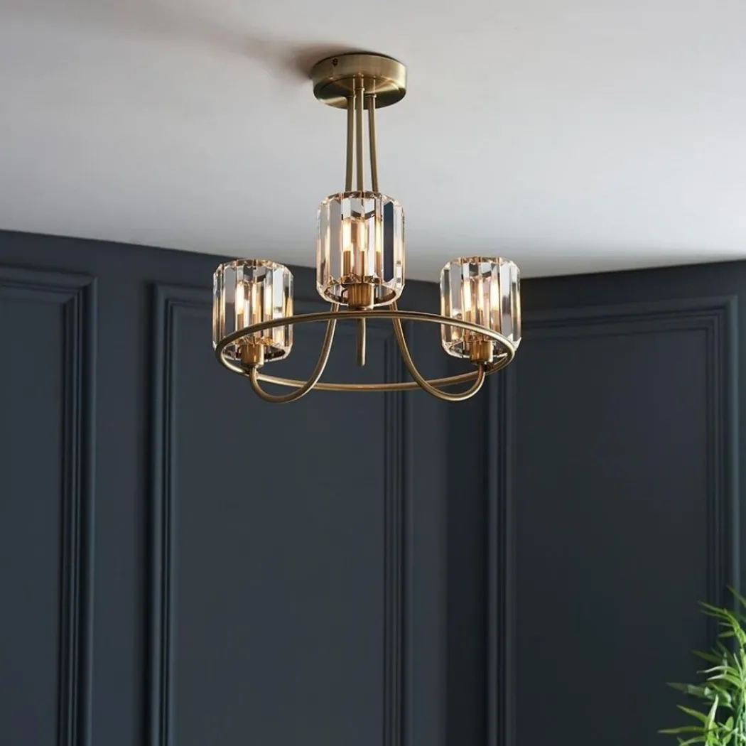 Berenice 3 Light Semi Flush Antique Brass Ceiling Light