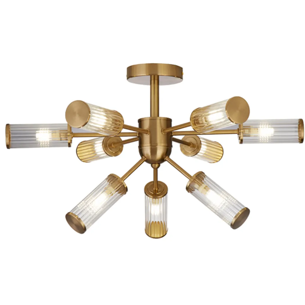 Enid Ribbed Glass & Brushed Gold Semi-Flush Ceiling Light