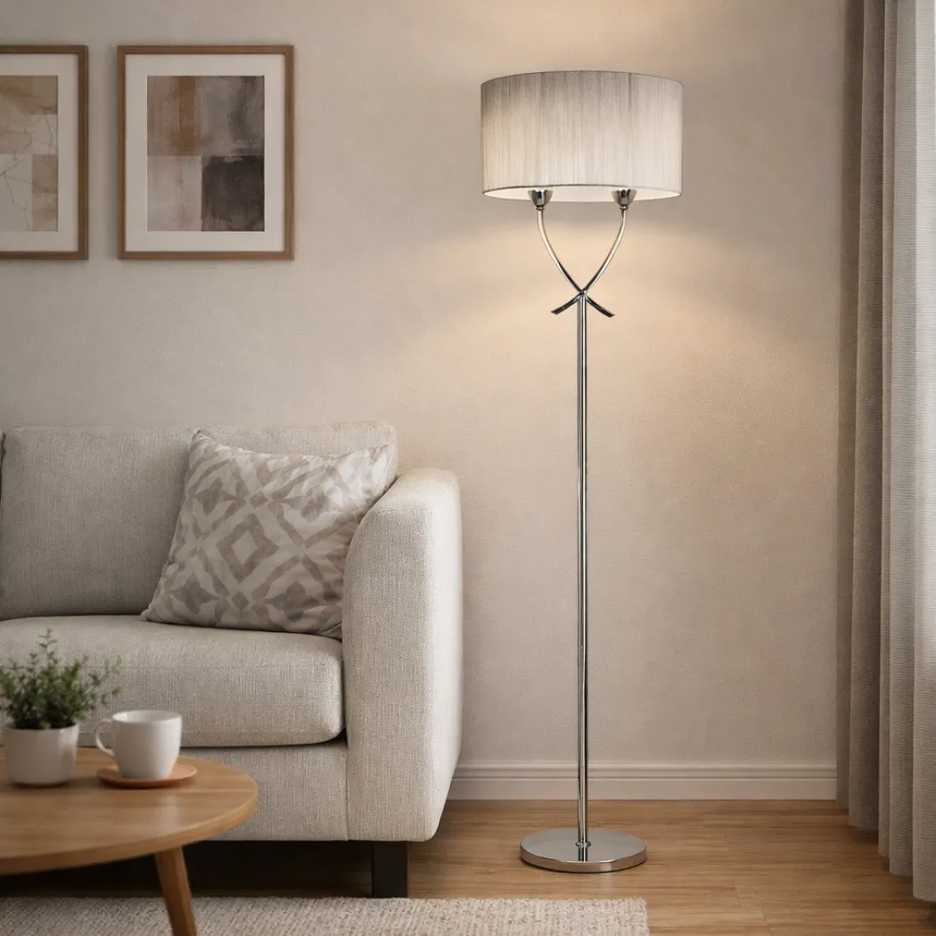 Justina 2 Light Polished Chrome Floor Lamp with Silver Thread Shade