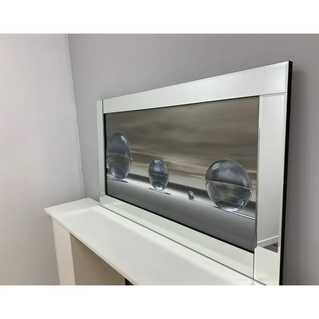 Metallic Silver Liquid Art with Mirrored Frame 67x117cm
