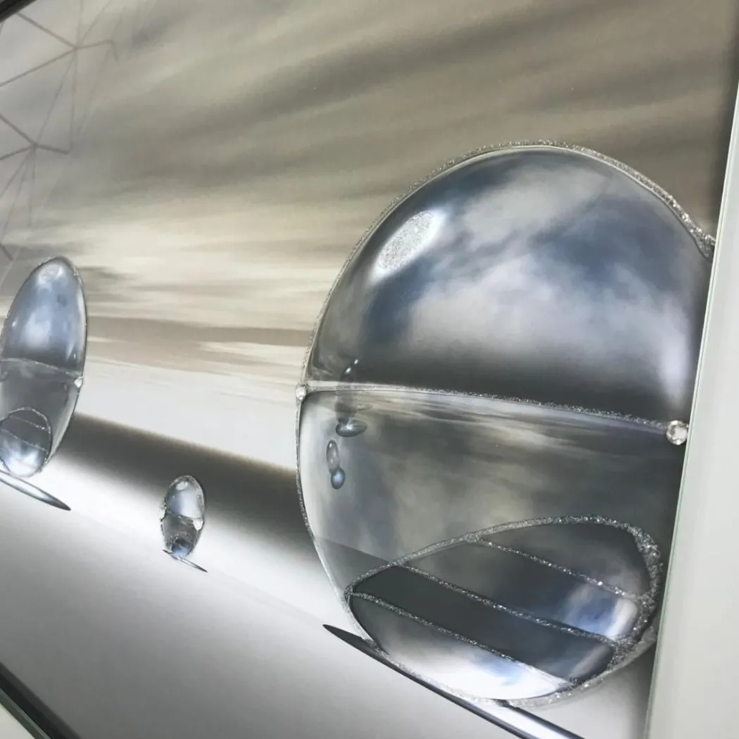 Metallic Silver Liquid Art with Mirrored Frame 67x117cm