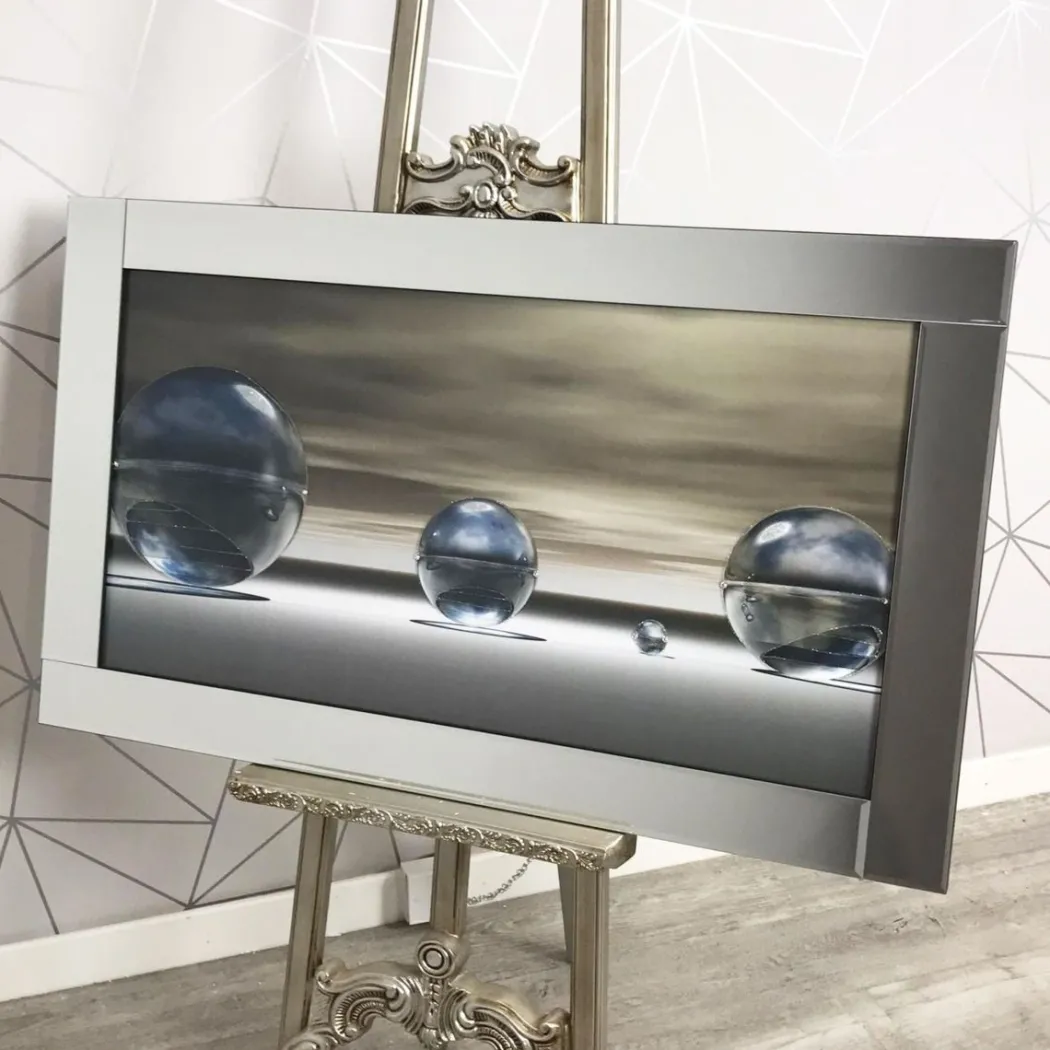 Metallic Silver Liquid Art with Mirrored Frame 67x117cm