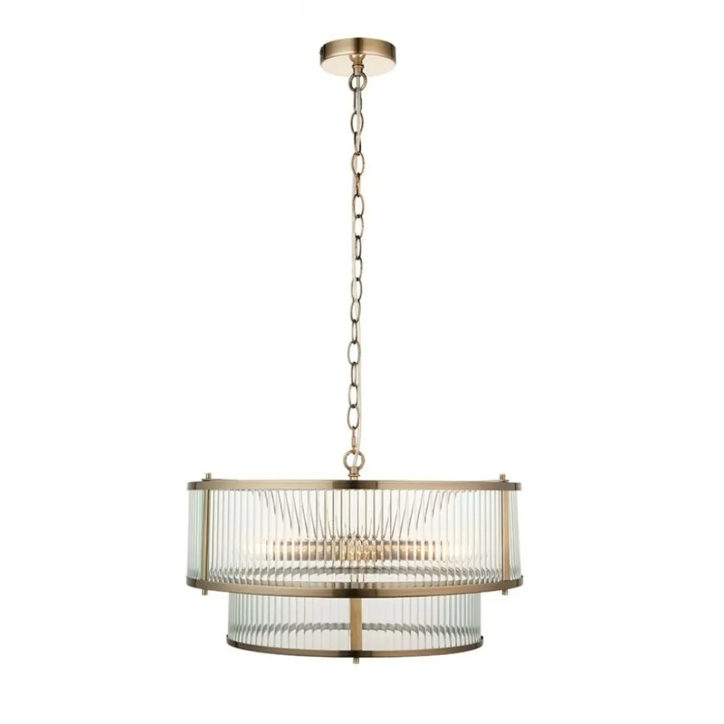 Ridgeston 5 Light Antique Brass & Glass Pendant Ceiling Light